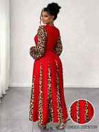 Plus Size Women'S Leopard Patchwork Long Dress, Long Puff Sleeve with Cutout V-Neck A-Line Maxi Skirt, Elegant Party Evening Gown - Red