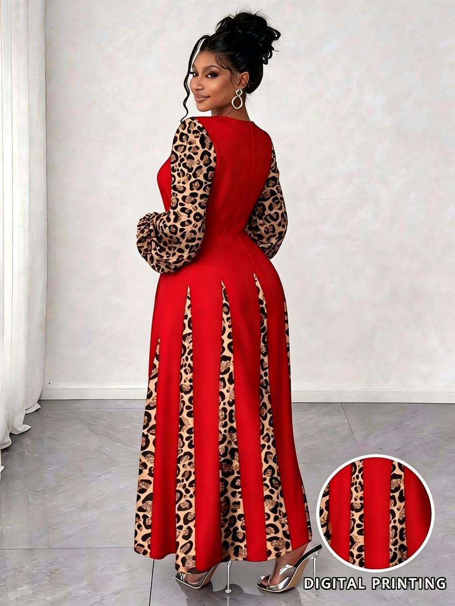 Plus Size Women'S Leopard Patchwork Long Dress, Long Puff Sleeve with Cutout V-Neck A-Line Maxi Skirt, Elegant Party Evening Gown - Red