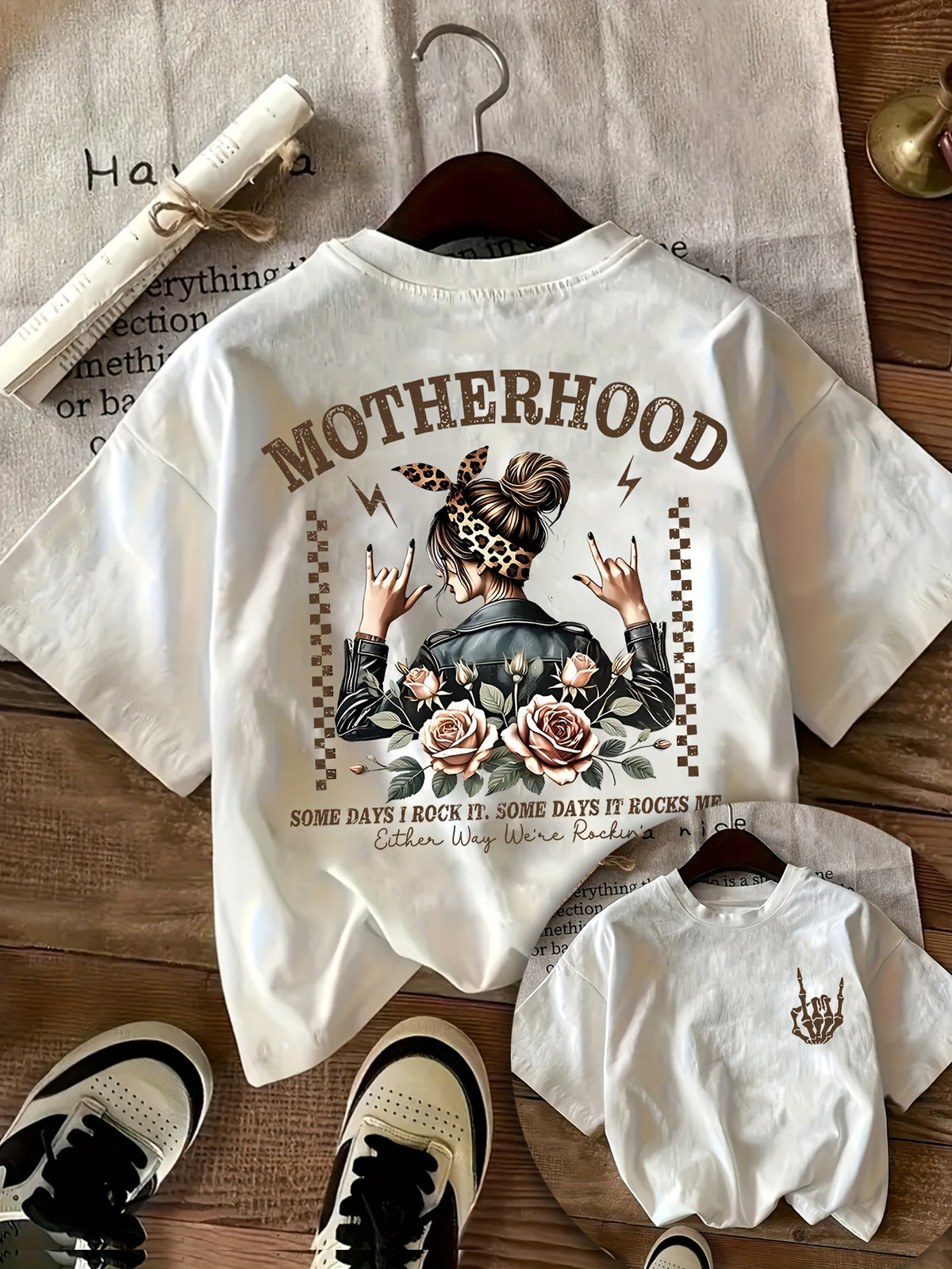 Women's Rock 'n' Roll Motherhood Graphic T-Shirt - Edgy "Some Days I'm a Rock Star" Design with Floral Roses & Lightning Bolts, Short Sleeve Round Neck Casual Summer Tee, Machine Washable, Mother's Day T-shirt, Everyday Comfort, Trendy Top, Elegant - White