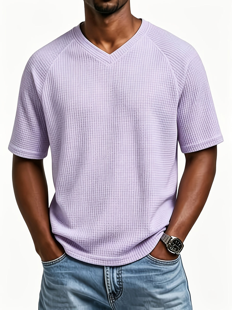 Men's Fashion Waffle Knit Raglan Sleeve V-Neck Short Sleeve Shirt, Men's V-Neck Short Sleeve T-Shirt, Chest Badge with Contrast Color Label, Stylish and Aesthetic - Violet