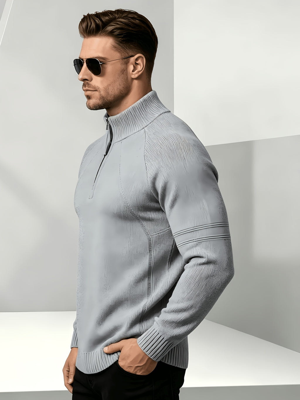 Business-casual Men's Half-zip Knit Pullover, Raglan Sleeve Textured Fabric with Ribbed Cuffs, Loose-fit Sweater, Suitable for Daily Wear, Office, and Weekend Outings in Autumn and Winter - Light Grey