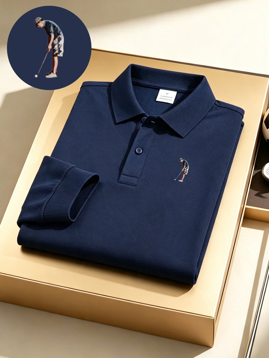 Golf Logo Premium Men'S Casual Polo Shirt, Light Luxury Lapel Long Sleeve, Versatile Fit, Comfortable Fabric, Non-Iron, Suitable for Business Casual Outfits, Men'S Top - Navy Color