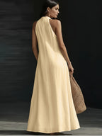 Women's Summer V-Neck Linen-Look Maxi Dress with Hidden Pockets - Light Khaki