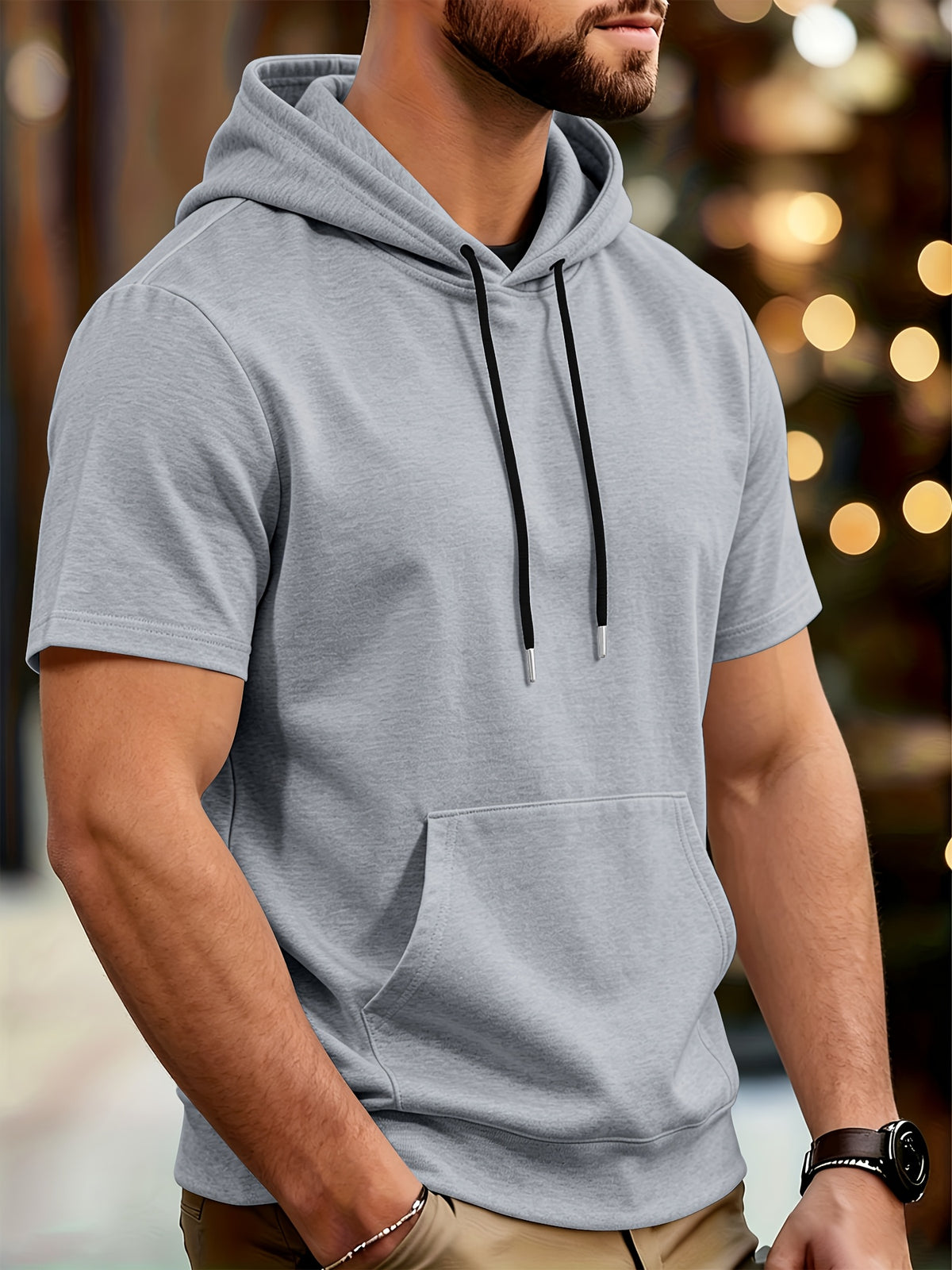 Men's Casual Short-sleeved Summer Hoodie Sweater Pure Color Outdoor Versatile Top Suitable for Sports And Commuting Fashionable And Comfortable Sweater - Grey