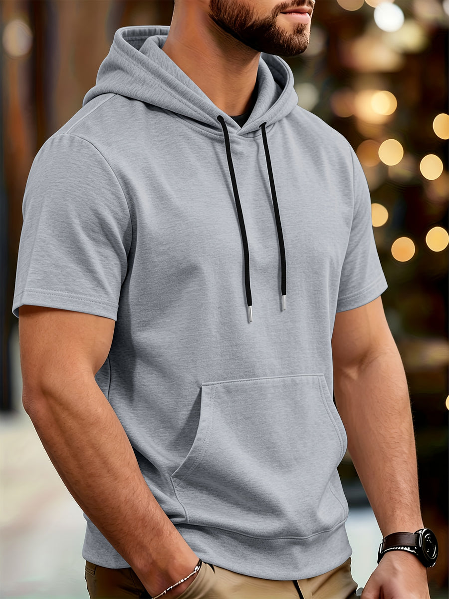 Men's Casual Short-sleeved Summer Hoodie Sweater Pure Color Outdoor Versatile Top Suitable for Sports And Commuting Fashionable And Comfortable Sweater - Grey