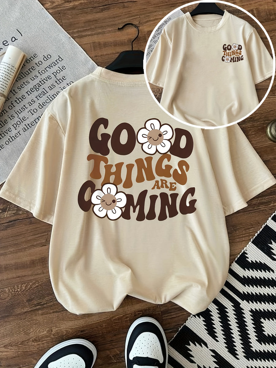 2026 Fashion New Women'S Round Neck English Letter Floral Print Fashion Short Sleeve Summer Casual T-Shirt - Khaki