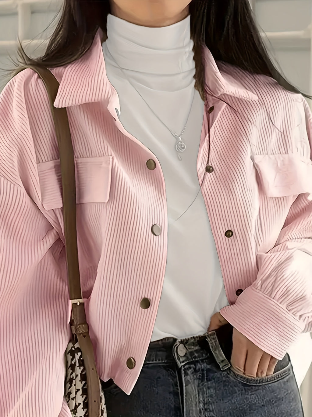 Beautiful Ladies' Jacket On, New Valentine'S Day Arrivals, Women'S Jacket Discounts, Solid Color Corduroy Pocket Lapel Long-Sleeved Coat Casual Jacket Cardigan, Suitable for Casual to Semi-Formal Attire, Layered Wear, Classic Design - Pink Color