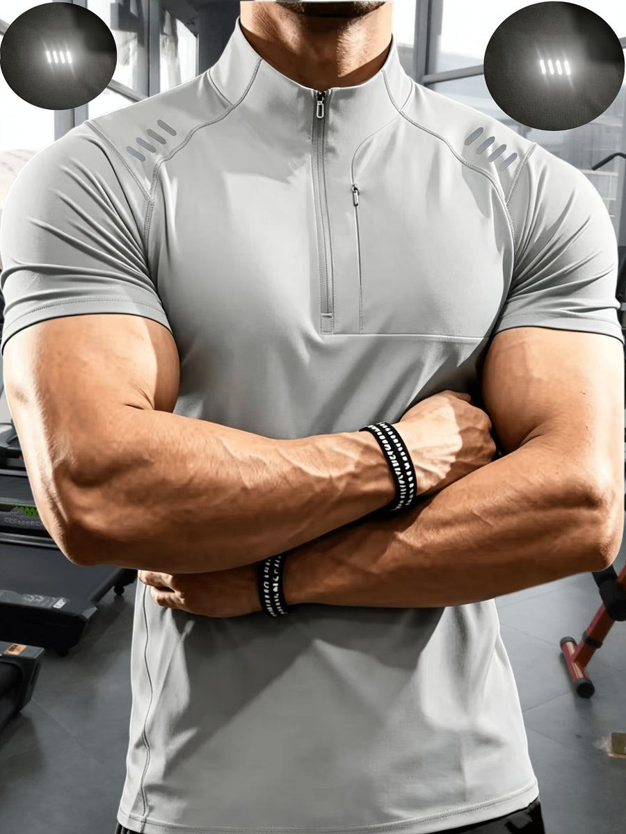 Men'S Muscular Fitness High-Elastic Training Quick-Dry Fitness Wear, Individual Print Patterns, Slim Fit Summer Casual Short Sleeve Shirt T-Shirt - Breathable Elastic Fabric, Stand-Up Collar Design with Open Chest Zipper - Light Grey