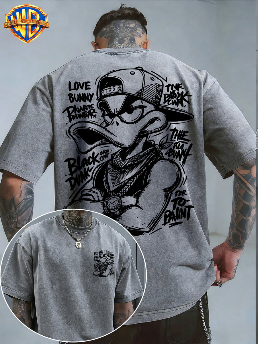Warner Bros. Official License Hand-Drawn Sketch Print, Street Graffiti Style, American Retro Washed Distressed T-Shirt, Suitable for Daily Commute And Outdoor Wear, Machine Washable, Unisex - Grey