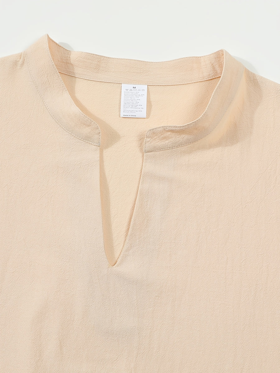 Men'S Stand Collar Short V-Neck Top, Lightweight Comfortable Solid Color Casual Shirt, Commute Easy Single Piece T-Shirt - Khaki