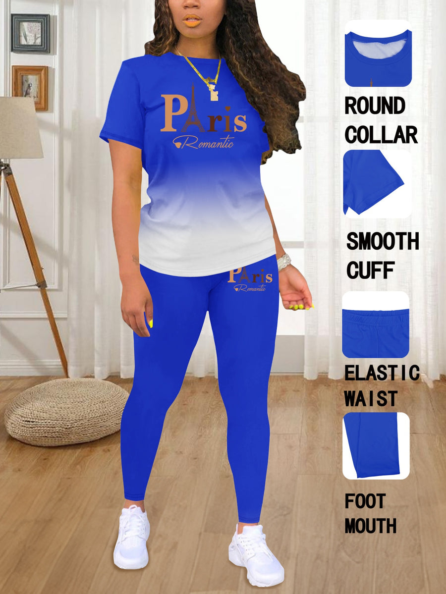 Fashionable Women'S Spring/Summer Set | Crew Neck Short Sleeve Printed Top with Long Pants | Architectural Pattern, Regular Fit - Blue