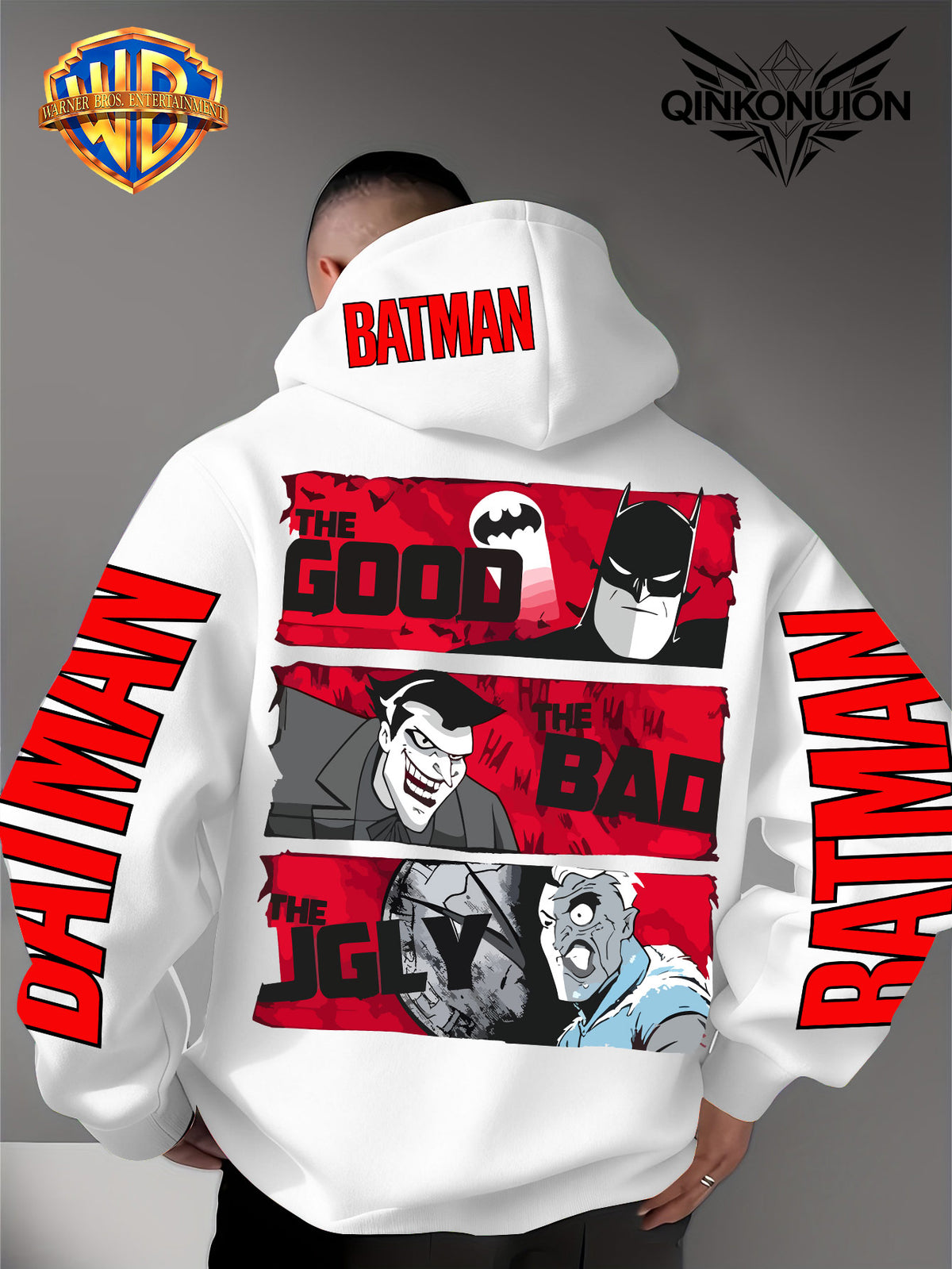 Warner Official Men's Hoodie, Red Bottom Three Grid Comic Batman Joker  Character Print Design, Machine Washable, Warm and Casual for Autumn and Winter, Daily Drawstring Hoodie, Multi Functional Sports and Leisure Loose Version - White