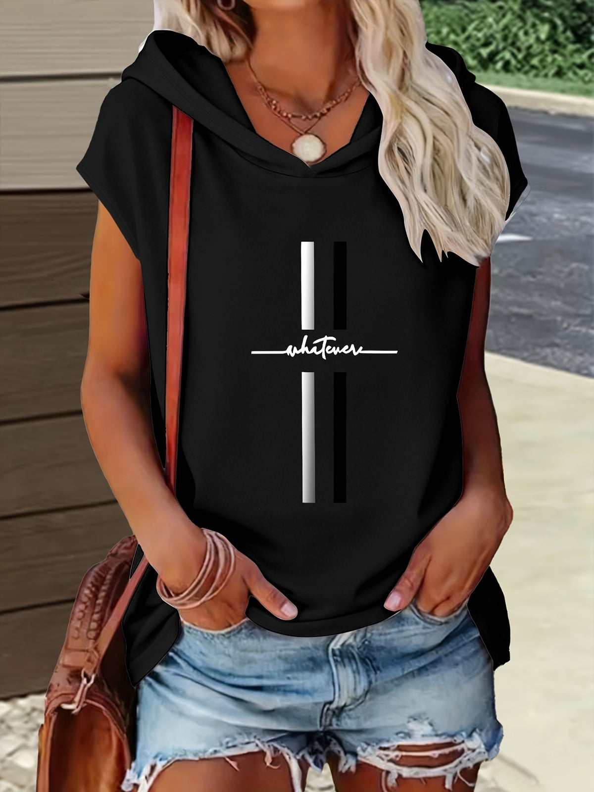 1pc Hooded T-Shirt with Easy Letter Print Design, Loose And Casual Style, New Summer Y2K Style Women'S Casual Sportswear, Elegant, Fashionable, And Comfortable T-Shirt Top - Black