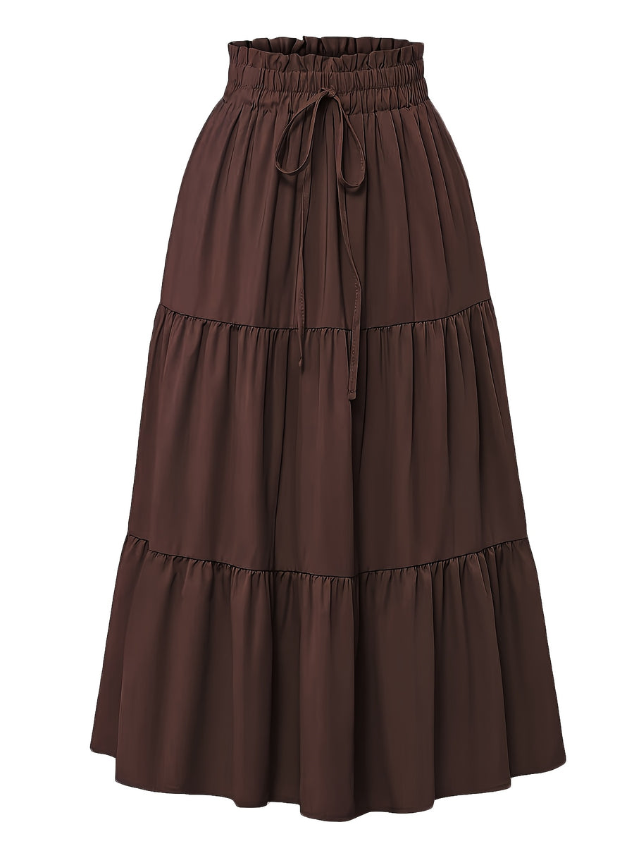 Women's Olive Green Pleated Midi Skirt - Lightweight Adjustable Drawstring Waist, Hand Washable Spring/Summer Elegant Solid Color Skirt for Casual & Formal Outfits, Casual Attire, Nontransparent Fabric, Spring Fashion, Classic Style, Breathable Material - Dark Brown