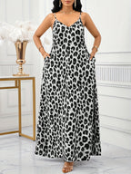Elegant Leopard Print Slingback Dress | V-neck, Color Block, All-season, Suitable for Adults - Grey