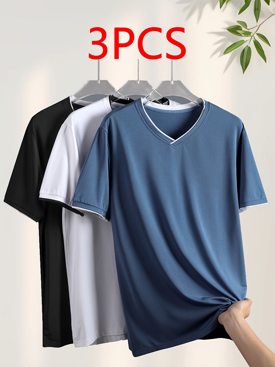 Men's 3pcs Quick-Dry V-Neck T-Shirt - Breathable Summer Short Sleeve Loose Fit Suitable for Sports & Casual Wear, Solid Color Half-Sleeve Shirts with V-Neck Collar, Elastic Fabric for Outdoor Activities and Gym (Hand Washable) - 3pcs-Black+Blue+White
