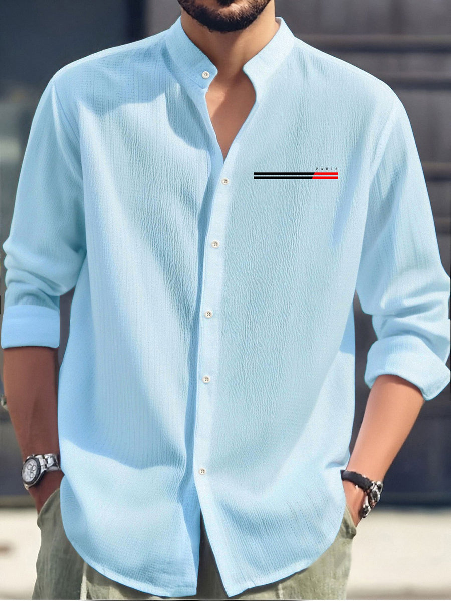 Men'S Fashion Casual Comfortable Lightweight Long Sleeve Shirt - Breathable Stand Collar Button- - Easy Care Top, Paris Letter Pattern Print, Machine Washable Office And Everyday Wear, Activities And Outings Versatile Apparel - Sky Blue