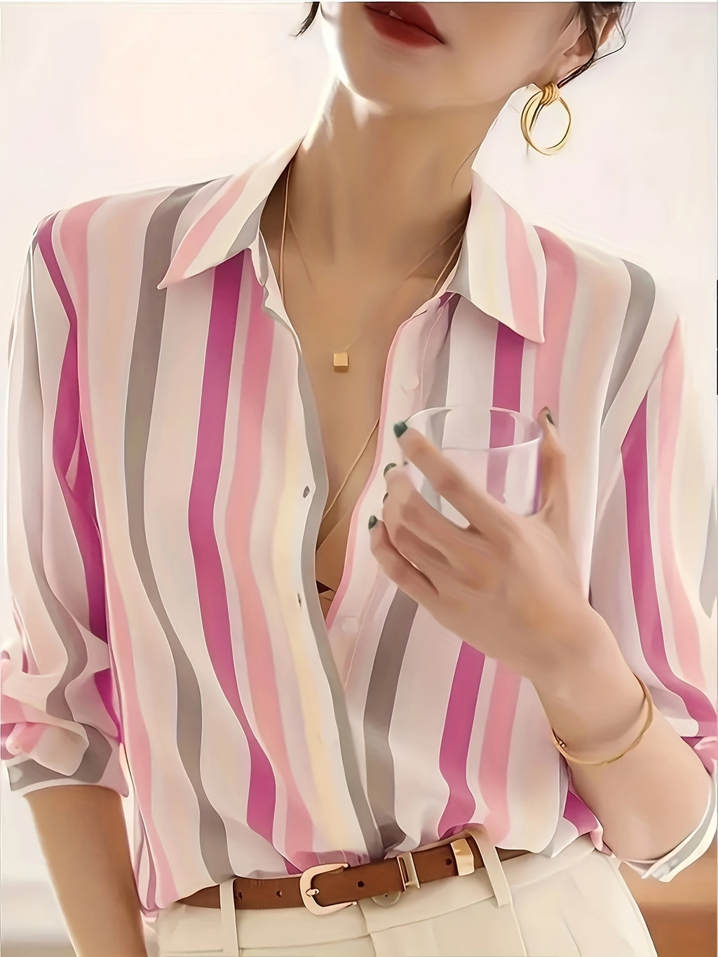 Women'S Casual Striped Shirt, Button-Up Design, Made Of, Suitable for Spring, Summer, And Autumn Casual Or Formal Wear | Classic Lapel Fashion Button-Up, Elegant Women'S Shirt, Beautiful Women'S Shirt, Autumn Women'S Top Trend, Women'S Clothing - Rose Red