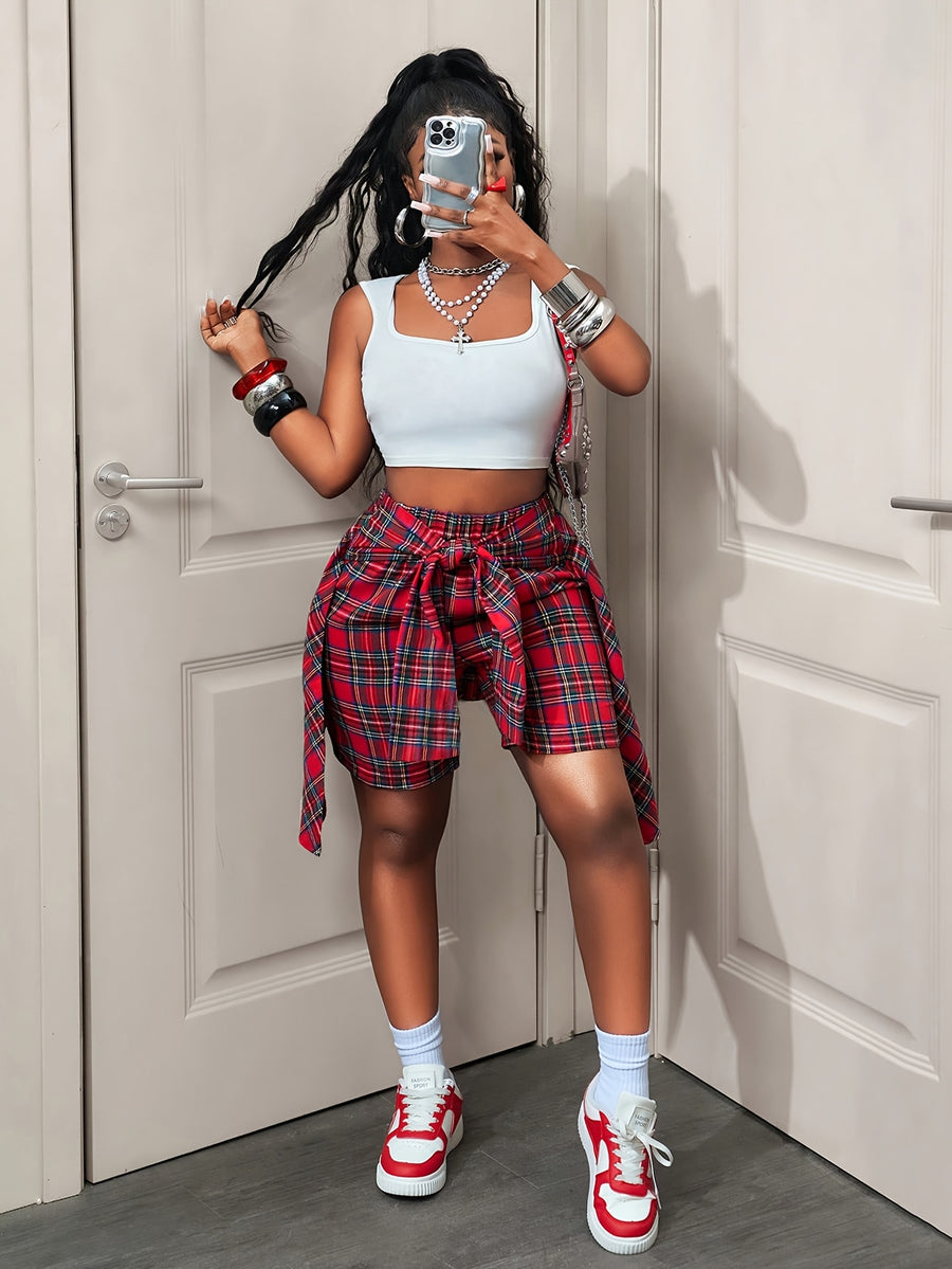 Summer New Plaid 2-in-1 Look Shorts with Tie-Wrap Skort Design, Street Style Casual Pants for Trendy - Burgundy