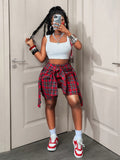 Summer New Plaid 2-in-1 Look Shorts with Tie-Wrap Skort Design, Street Style Casual Pants for Trendy - Burgundy