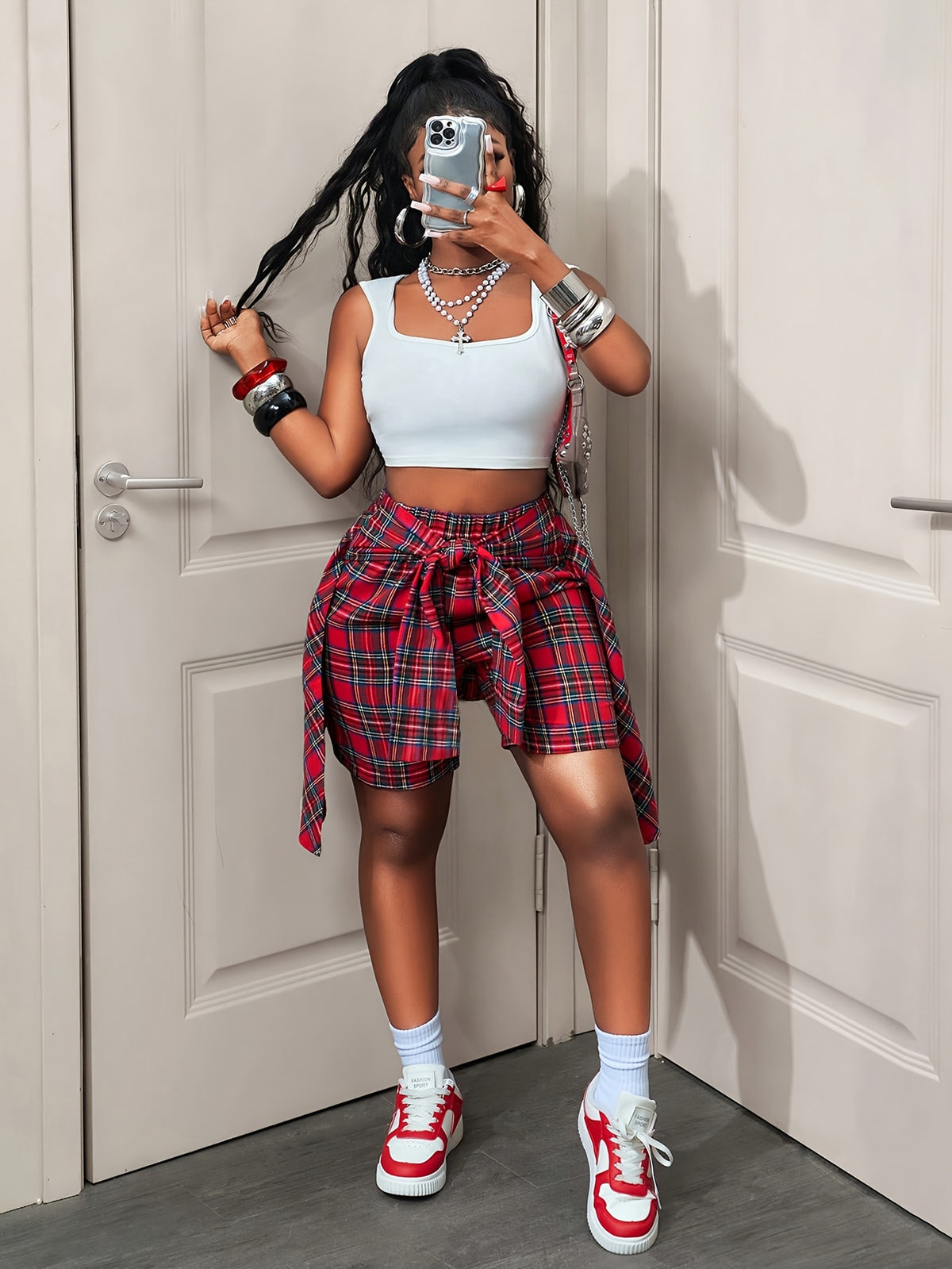 Summer New Plaid 2-in-1 Look Shorts with Tie-Wrap Skort Design, Street Style Casual Pants for Trendy - Burgundy