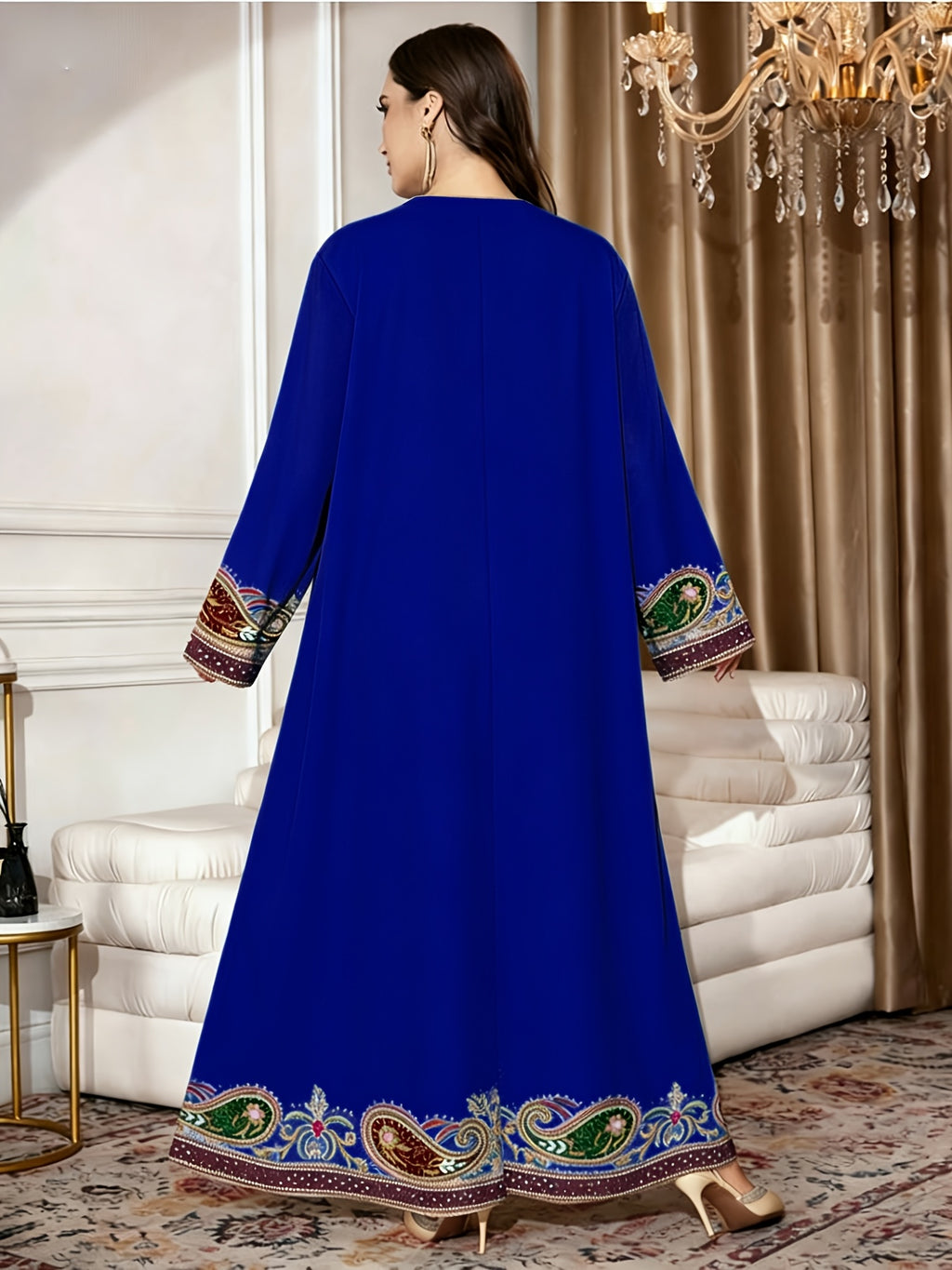 2026 Middle Eastern Elegant Robe Western Spring Autumn Fashion V-Neck Women'S Ethnic Print Temperament Commute Loose Comfortable Vacation Style Long Sleeve Dress Daily Date Festival Party Wear - Blue
