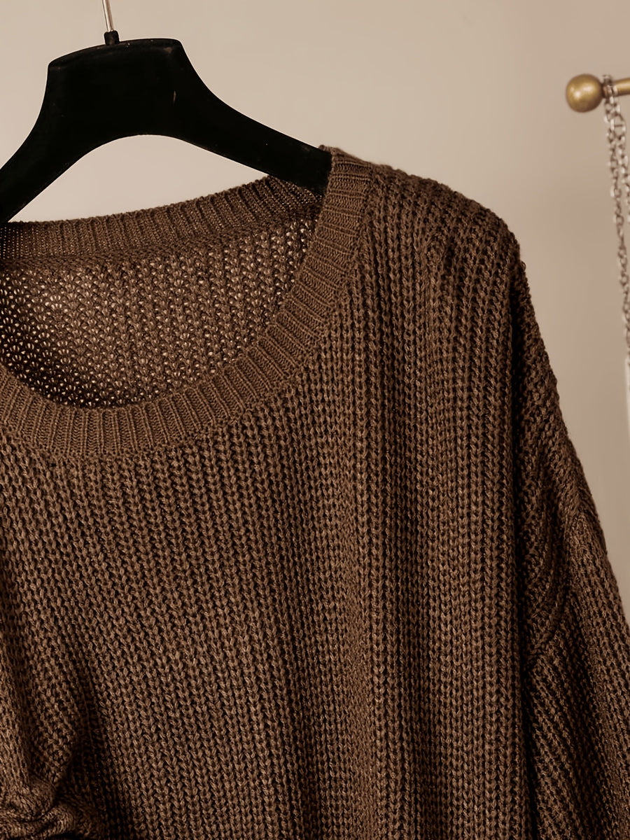 Plus Size, New Autumn/Winter Plus Size Women's Casual Round Neck Irregular Drawstring Sweater Fashion Long Sleeve Top - Coffee Color
