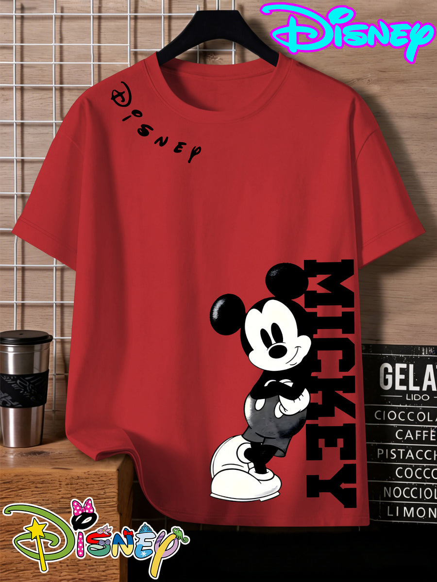 Disney Mickey Black And White Vertical Letter Print Round Neck Short Sleeve T-Shirt, a Minimalist And Trendy Top - Red