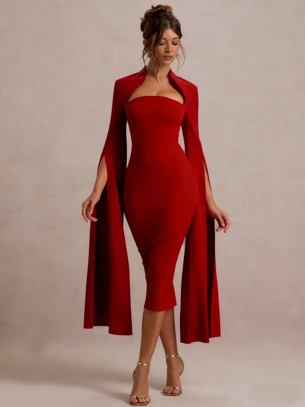 Mid-Length Fashion Evening Party Dress with Elegant Shawl Sleeves for a Graceful and Sophisticated Look - Burgundy