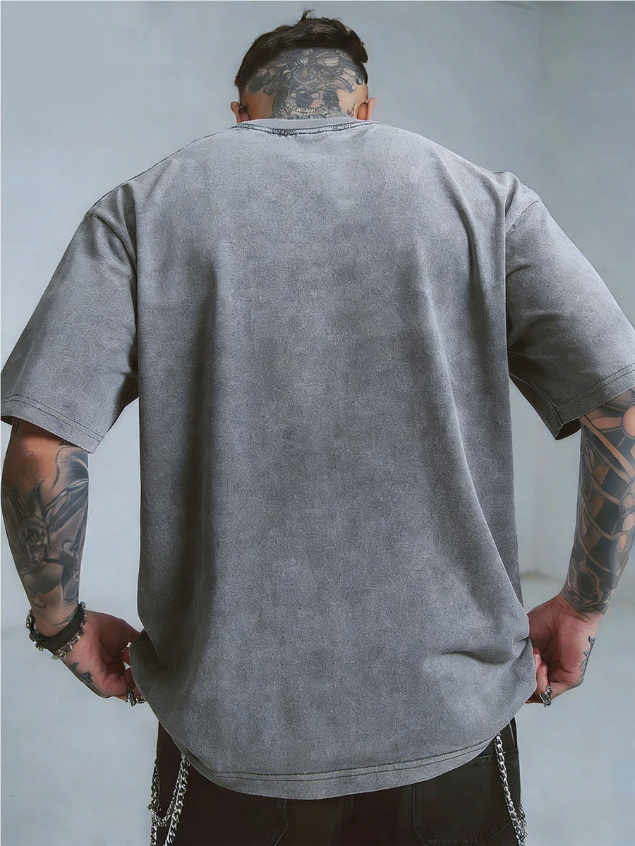 Warner Bros. Officially Authorizes Portrait Pattern Printed Retro Washed Distressed Short Sleeved T-shirt for Both Men and Women, Machine Washable Daily Commuting Outdoor Sports and Leisure Top - Grey
