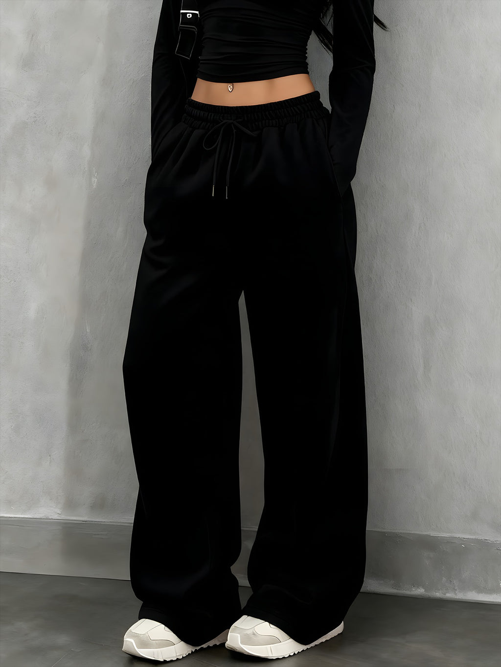 Women's Solid Color Wide-Leg Pants - Elastic Waist & Drawstring Pocket Sweatpants, Loose-Fit Full-Length Trousers for Casual Casual Attire, Lounge, Office & All-Season Comfortable (No  Needed) - Machine Washable Solid Coloration - Black