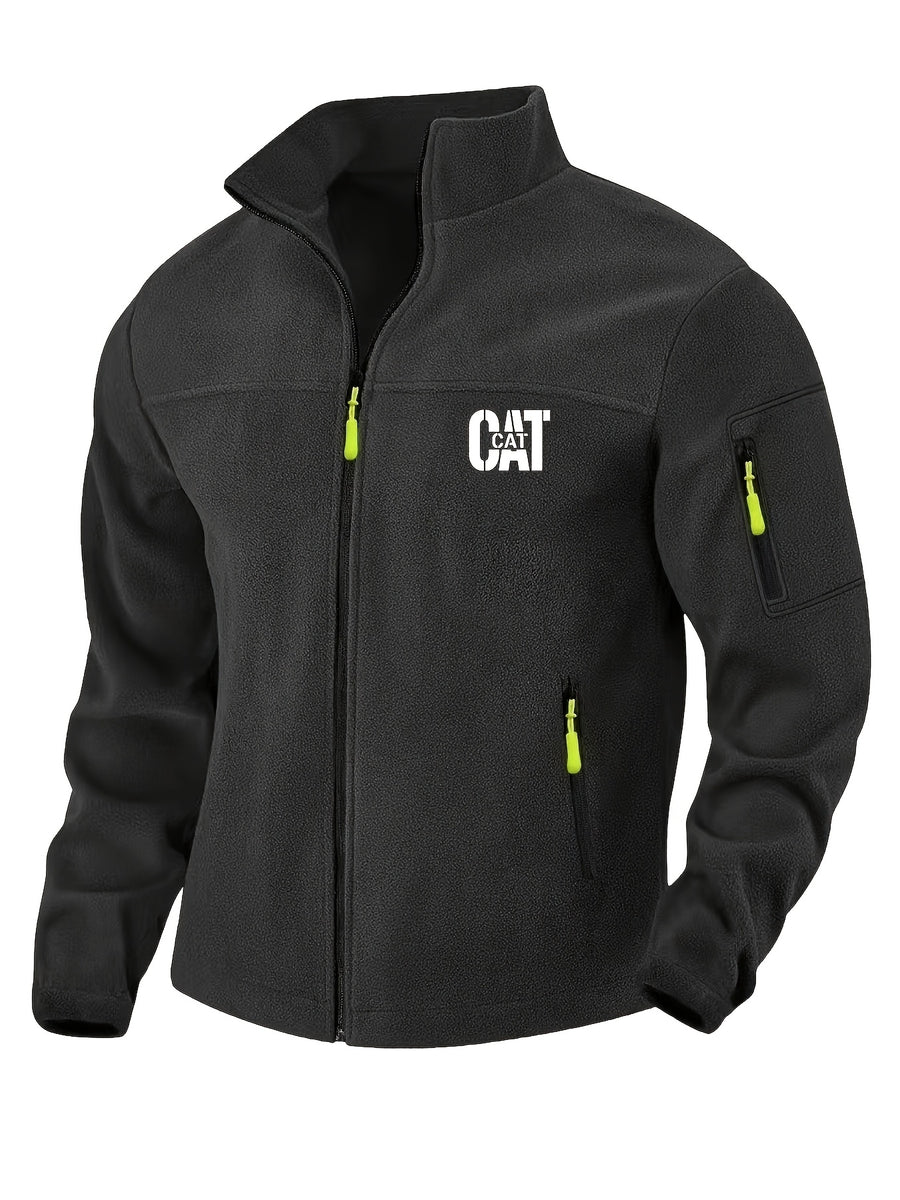 Men'S Autumn Winter New Fleece Lined Stand Collar Zipper Jacket, CAT Letter Print Long Sleeve Jacket, Multi-Pocket Design Casual Commute Trendy Top - Black 1
