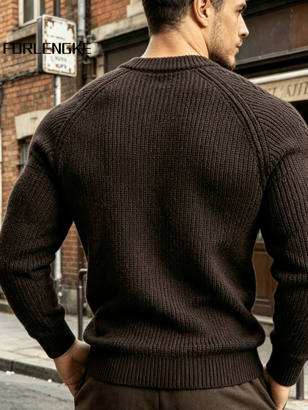 FORLENGKE Men's Vintage Crew Neck Sweater with Cable Knit Sleeves, Heavy Thick Pullover for Fall and Winter, Loose and Casual Fit for Young and Middle-Aged Men, Perfect for Daily Wear, Commuting, Street Style, Layering, Available in Multiple Colors - Coffee Color