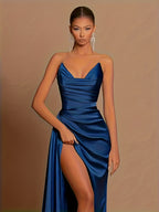 2025 Designer Dress - Satin Bodycon with Thigh Split | Black Tie Party Dress - Blue