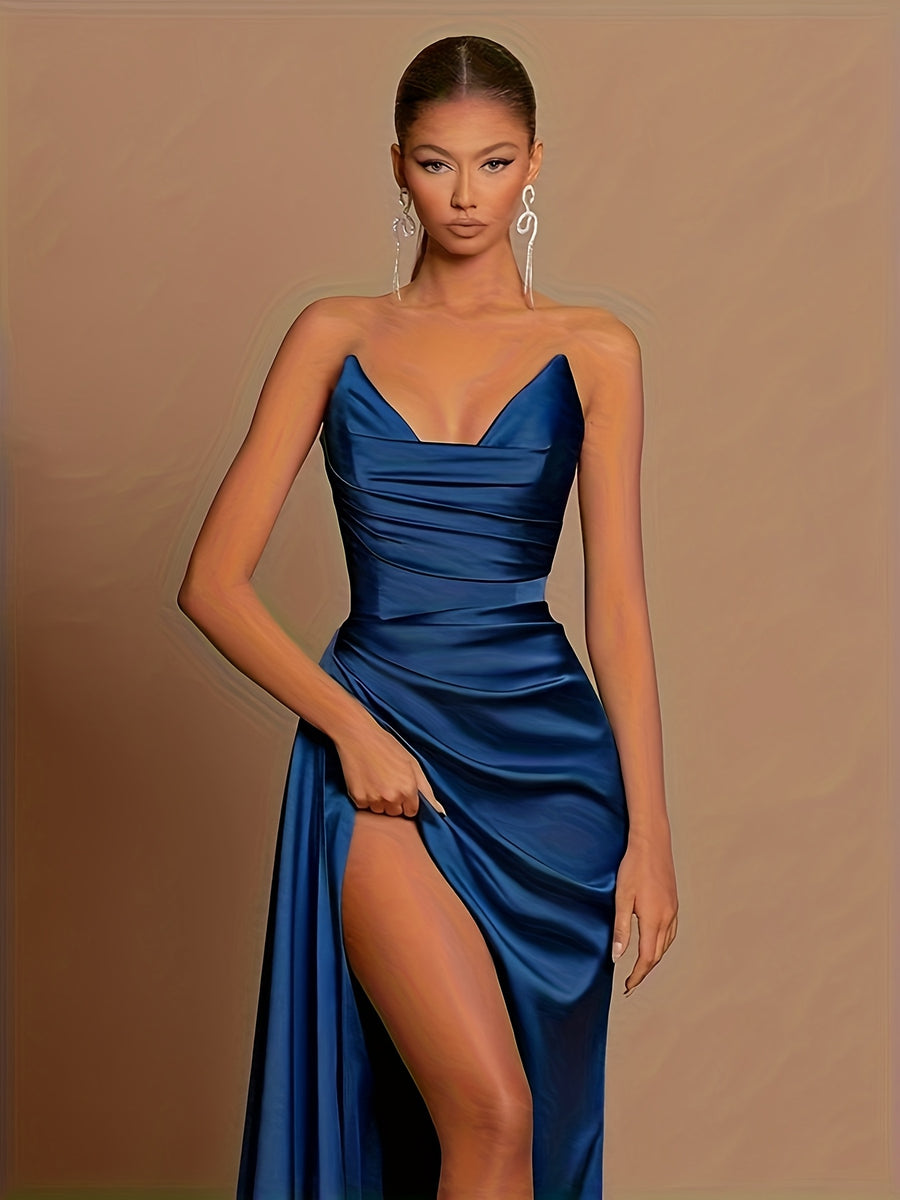 2025 Designer Dress - Satin Bodycon with Thigh Split | Black Tie Party Dress - Blue