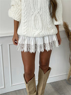 Women'S Pleated Lace Mini Skirt Casual Low Waist Loose Fit Pleated A-Line Skirt Half Skirt Lace Trim Fairy Net Tassel Short Skirt Lining Skirt Casual Summer Beach Vacation Street Style - White