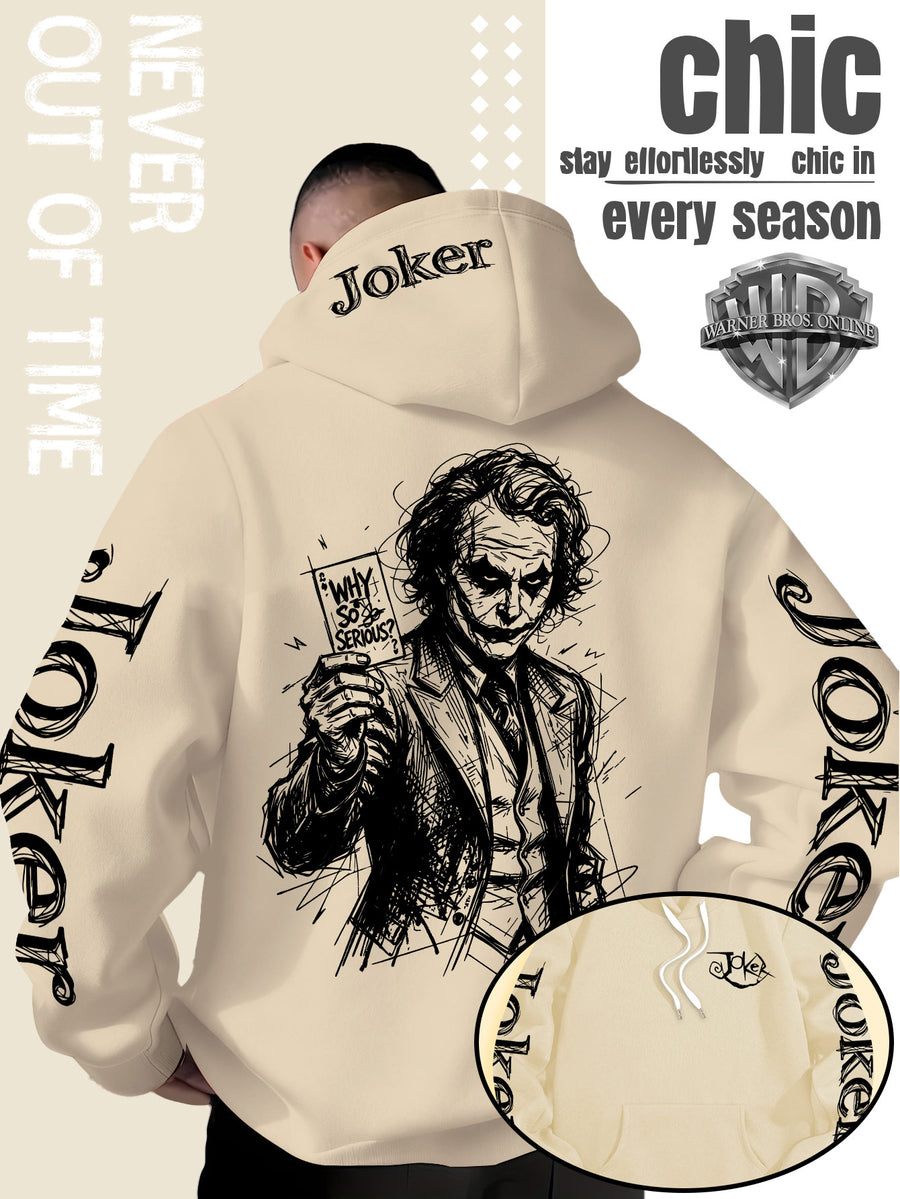 WB Warner Bros. Official Licensed Men's Joker Hooded Sweatshirt - Iconic Joker Portrait Print Hoodie, Soft Pilling-Resistant Fabric, Loose Fit Streetwear Pullover Suitable for Autumn/Winter, Machine Washable for Home, Outings & Joker-Themed Apparel - Apricot