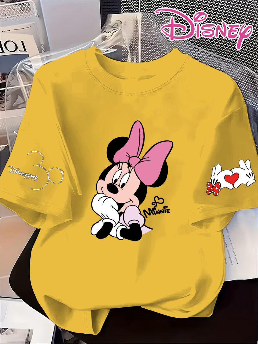 Disney Minnie Cute Short-Sleeve Women'S T-Shirt with a Heart Print, Comfortable Round-Neck Sweatshirt for Spring And Summer - Bright Yellow