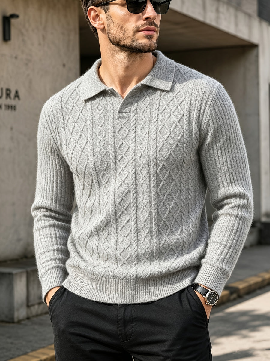 Men's Autumn/Winter Lapel Sweater Vintage Long-Sleeve Pullover Base Layer - Light Grey
