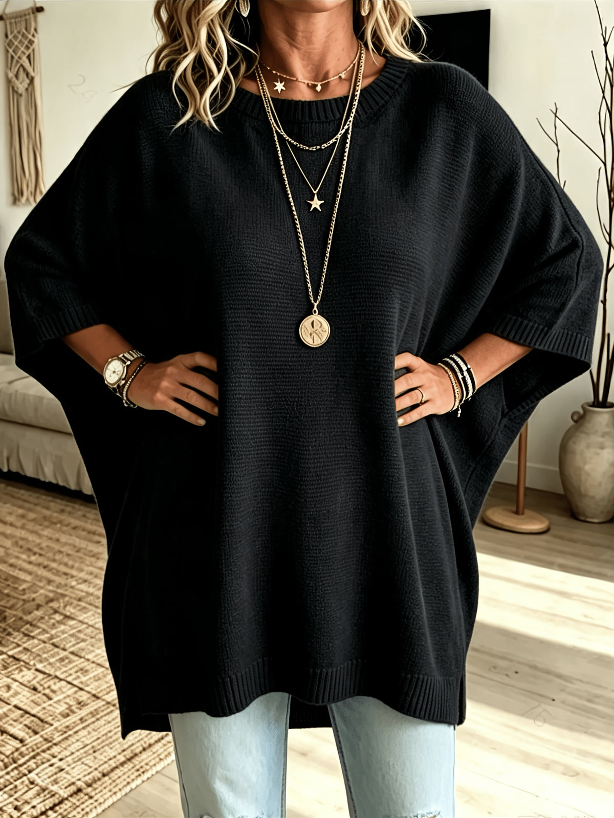 Plus Size, Women's Spring/Autumn Elegant Casual Cute Sexy Middle Eastern Style Spring/Autumn/Winter Solid Color Round Neck Batwing Sleeve Split Hem Irregular Loose Soft Warm Shawl Cape Pullover Sweater Top - Black
