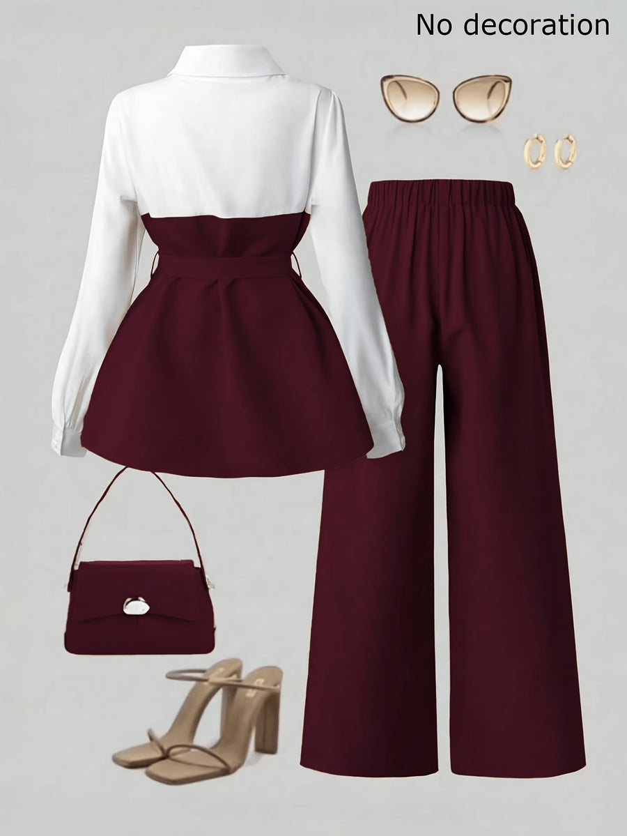 Women's Elegant 2pcs Office Set, Lapel Long-Sleeve Top with Slit Wide-Leg Pants, Business Commuter Style Outfit - Burgundy