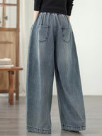Plus Size Women Autumn Winter New Casual Versatile Elastic Waist Loose Washed Denim Wide Leg Pants, Light Color Long Trousers Straight Leg Effect - Medium Blue