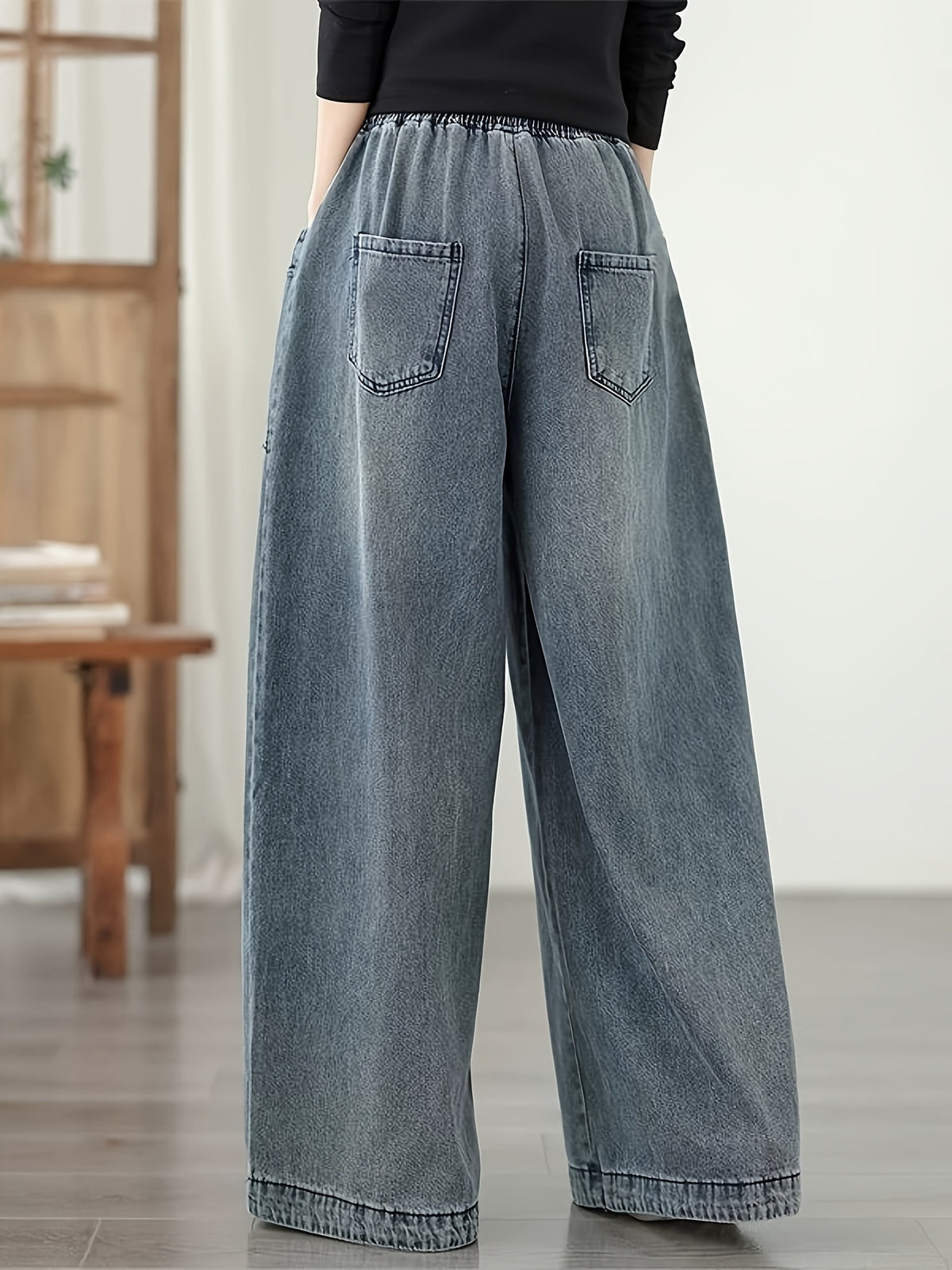 Plus Size Women Autumn Winter New Casual Versatile Elastic Waist Loose Washed Denim Wide Leg Pants, Light Color Long Trousers Straight Leg Effect - Medium Blue
