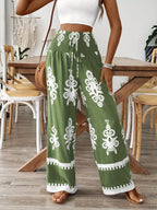 Floral Waist-Tie Fashion Casual Printed Pants, Women's Long Wide-Leg Trousers - olive drab