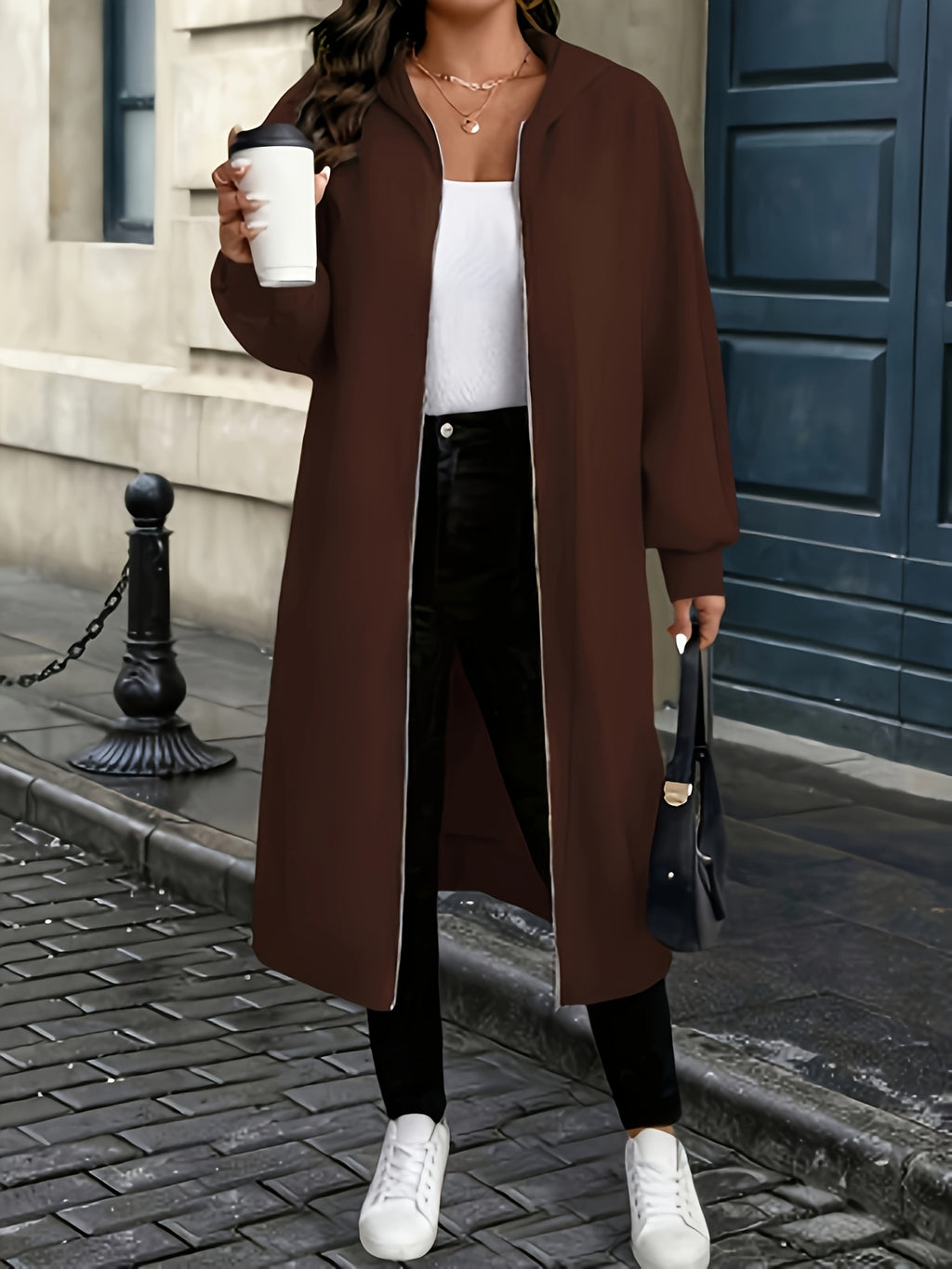 Plus Size - Fall/Winter Long Hooded Trench Coat | Elegant Solid Color With Medium Stretch Fabric And Zipper Detail - Coffee Color