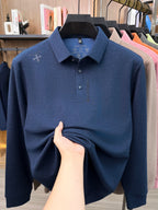 Men's Lapel Long Sleeve Polo Shirt Thickened Warm Top Autumn Winter Business Casual Layering Apparel for Middle Aged Dad Versatile Daily Outfit Suitable for Golf Fishing Tennis Sports Office And Daily Wear for Men - Night Blue