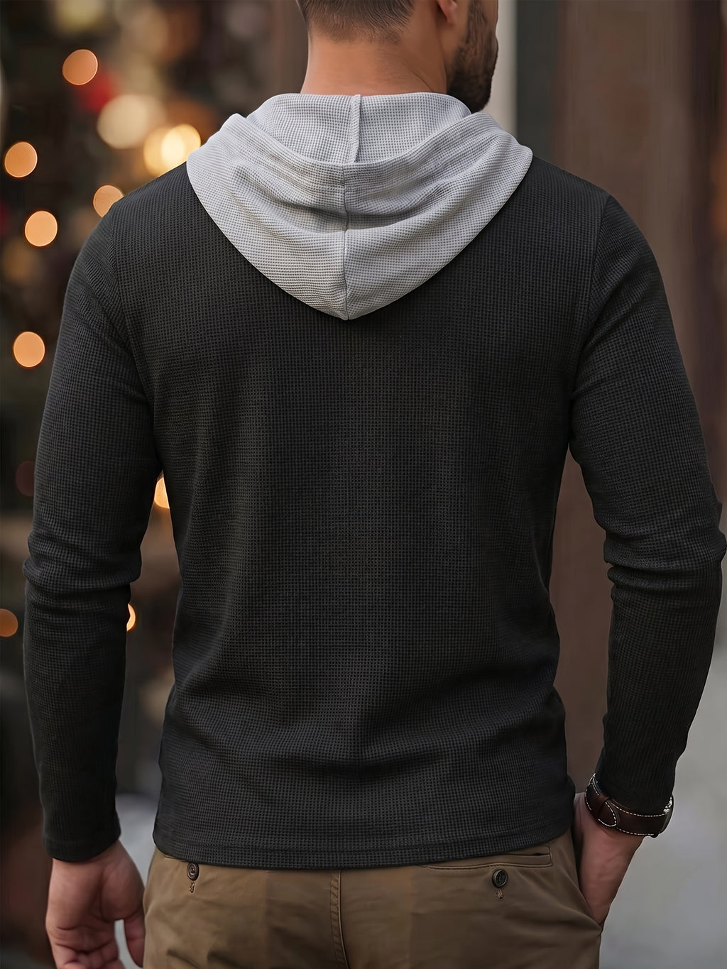 ROYALBOY Autumn New Style Individual Contrast Waffle Grid Patchwork Drawstring Hooded Long Sleeve Casual Versatile Fashion Leisure Suitable for Gatherings Parties Machine Washable Non-Dry - Black