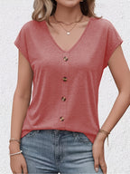 New Summer Women's V-Neck Fake Button Covered Sleeve T-Shirt, Solid Color Casual Top, Machine Washable - Suitable for Daily and Home Wear - Watermelon Red