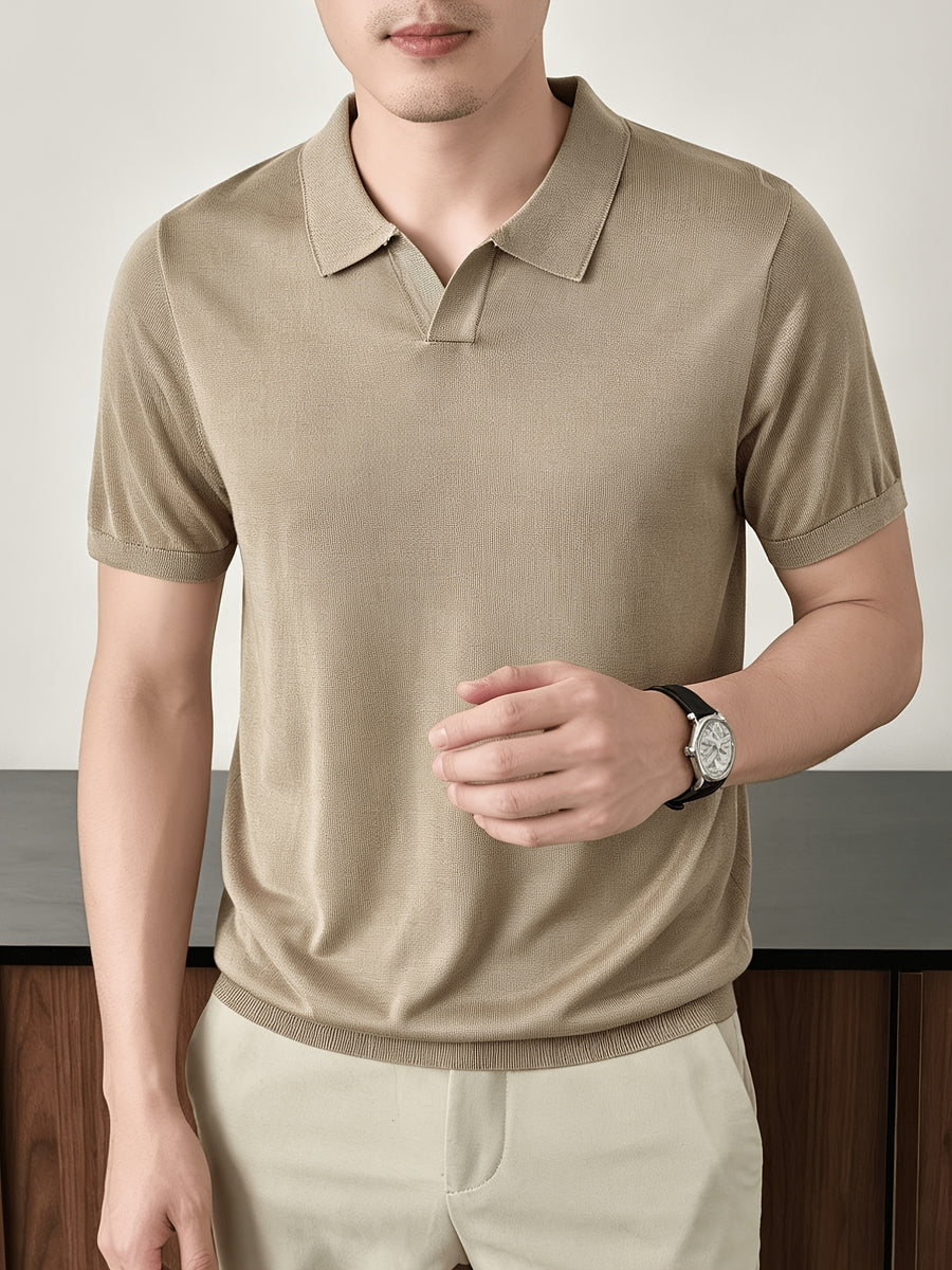 Maqiqi OBM New Spring/Summer Men's Knitted Pullover, Old Money Style Solid Color Clean Cut Half-Open Placket Scissor Collar Lapel Ribbed Knit Short Sleeve T-Shirt, Men's Casual Fashion Thin Breathable Pullover Sweater Knit Base Layer Top - Khaki 1