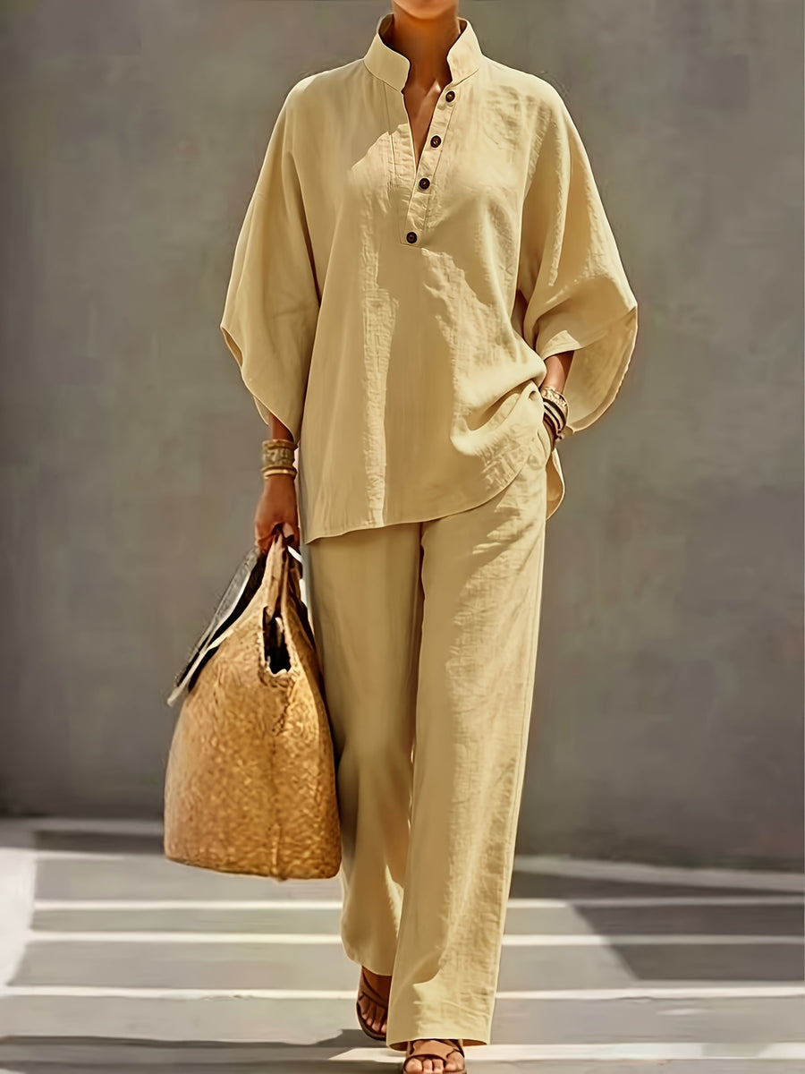 [PLMM] Spring Autumn Winter Women'S Fabric Button Short Collar Fashion Casual Two-Piece Long Pants Set - ginger-colored